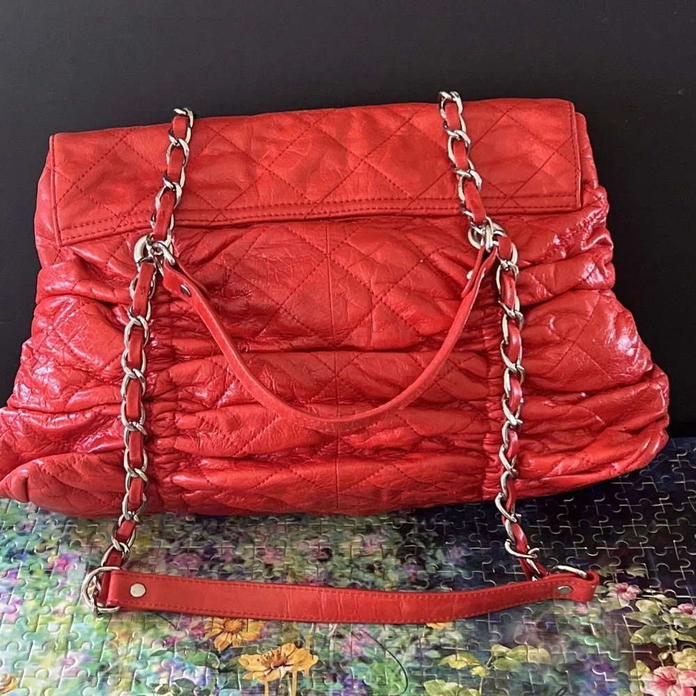 Red Quilted Stitched Fold Over Shoulder Bag Silver Hardware Double Handled Purse